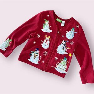 Vintage 80s Christmas CAT Full Zip Embroidered Sweater Size Petite Large Snowman